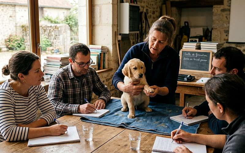 Formateur présentant à des stagiaires le comportement d'un chiot lors d'une session ACACED