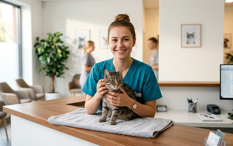 Auxiliaire sp&eacute;cialis&eacute; v&eacute;t&eacute;rinaire en tenue de clinique tenant un chat sur le comptoir d'accueil d'une clinique v&eacute;t&eacute;rinaire
