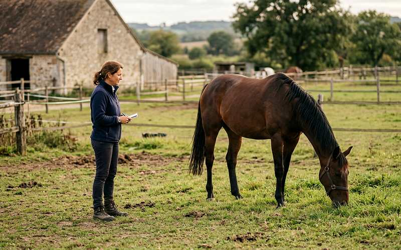 Comportementaliste &eacute;quin observant un cheval au pr&eacute; pour analyser son comportement