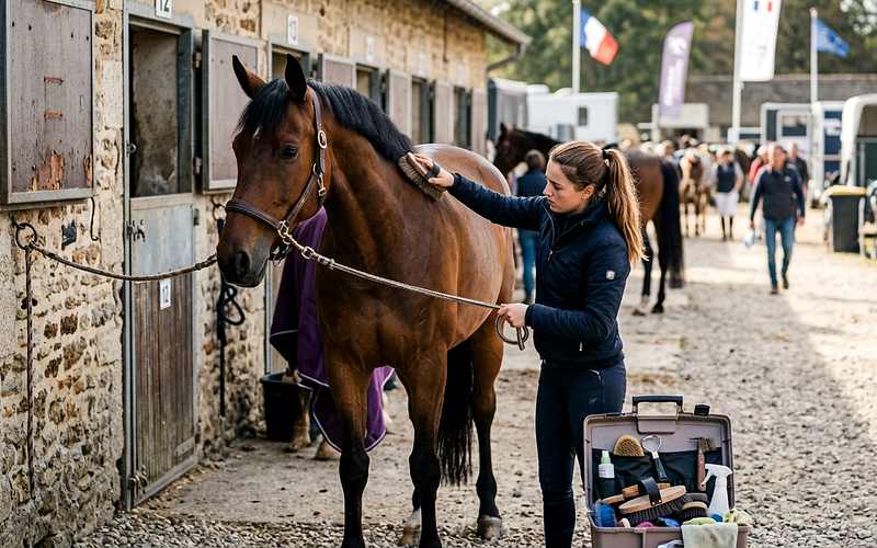 Groom &eacute;quin pansant un cheval de sport devant les box d'une &eacute;curie de comp&eacute;tition