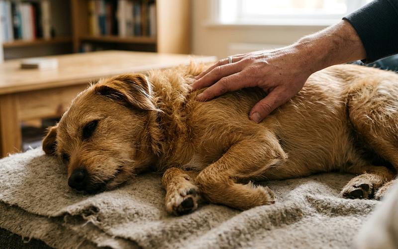 Chien détendu allongé pendant un massage canin, main massant les muscles du dos