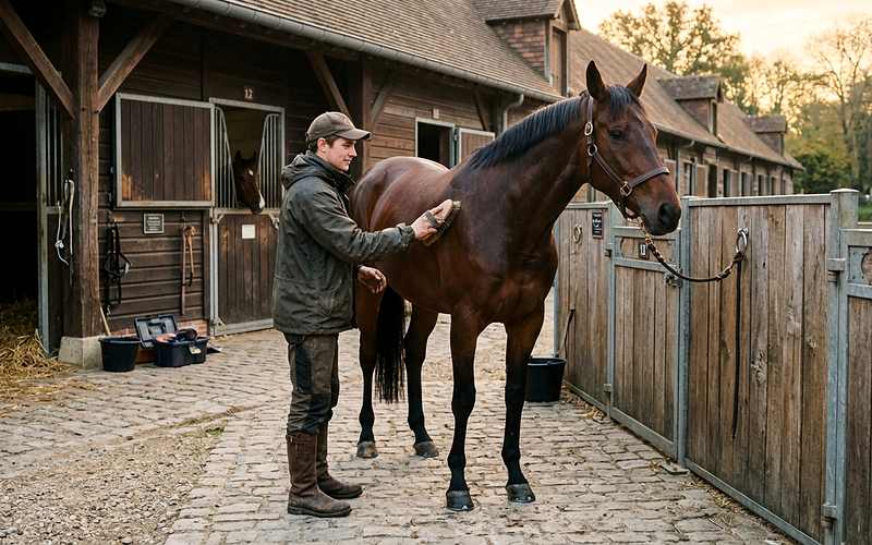 Palefrenier soigneur pansant un cheval bai devant les box d'une &eacute;curie au petit matin